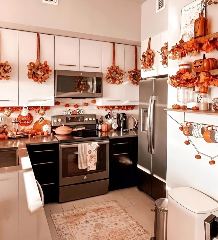 Neutral kitchen, abundant fall decor, pumpkins, orange accents