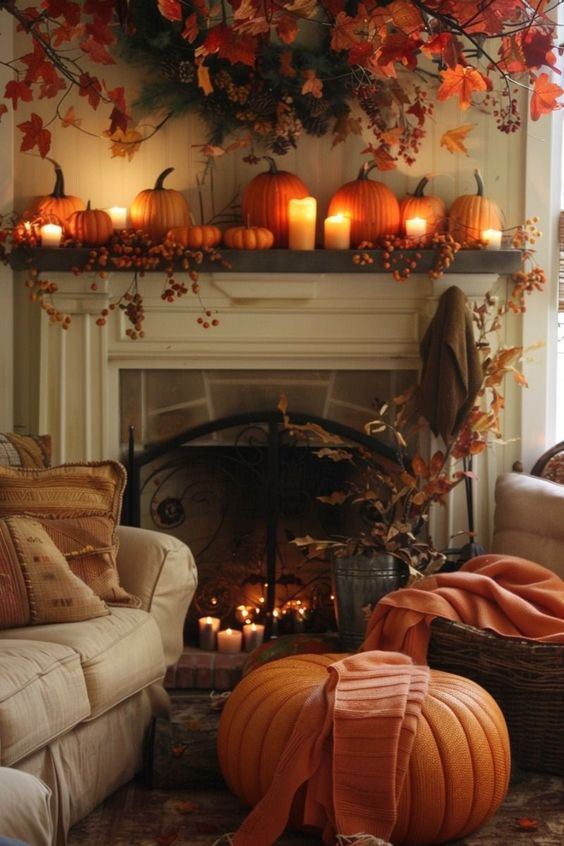 Fireplace, pumpkins, candles, fall leaves decor