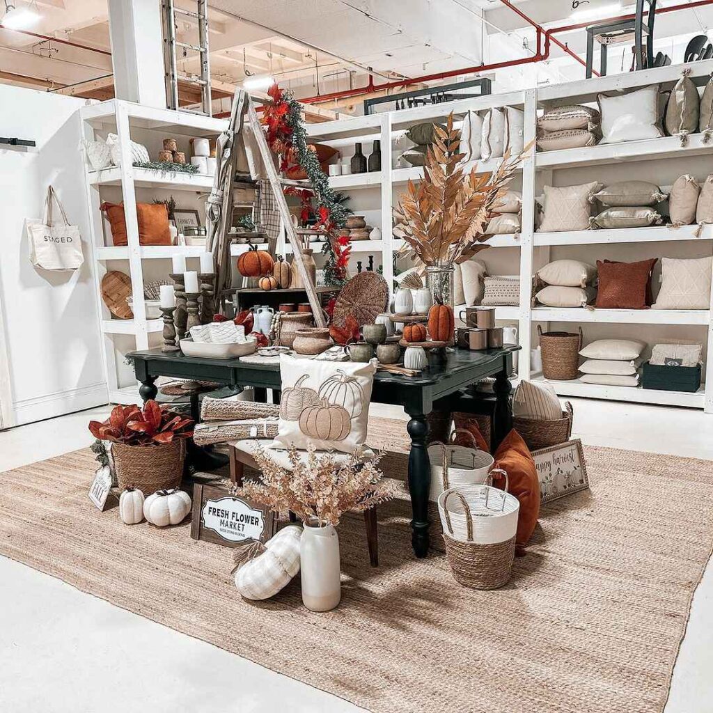 Cozy fall retail display with pumpkins and textiles