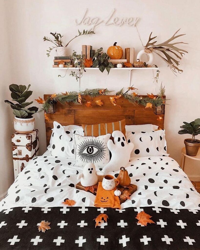 Cozy bedroom with autumn and Halloween decor