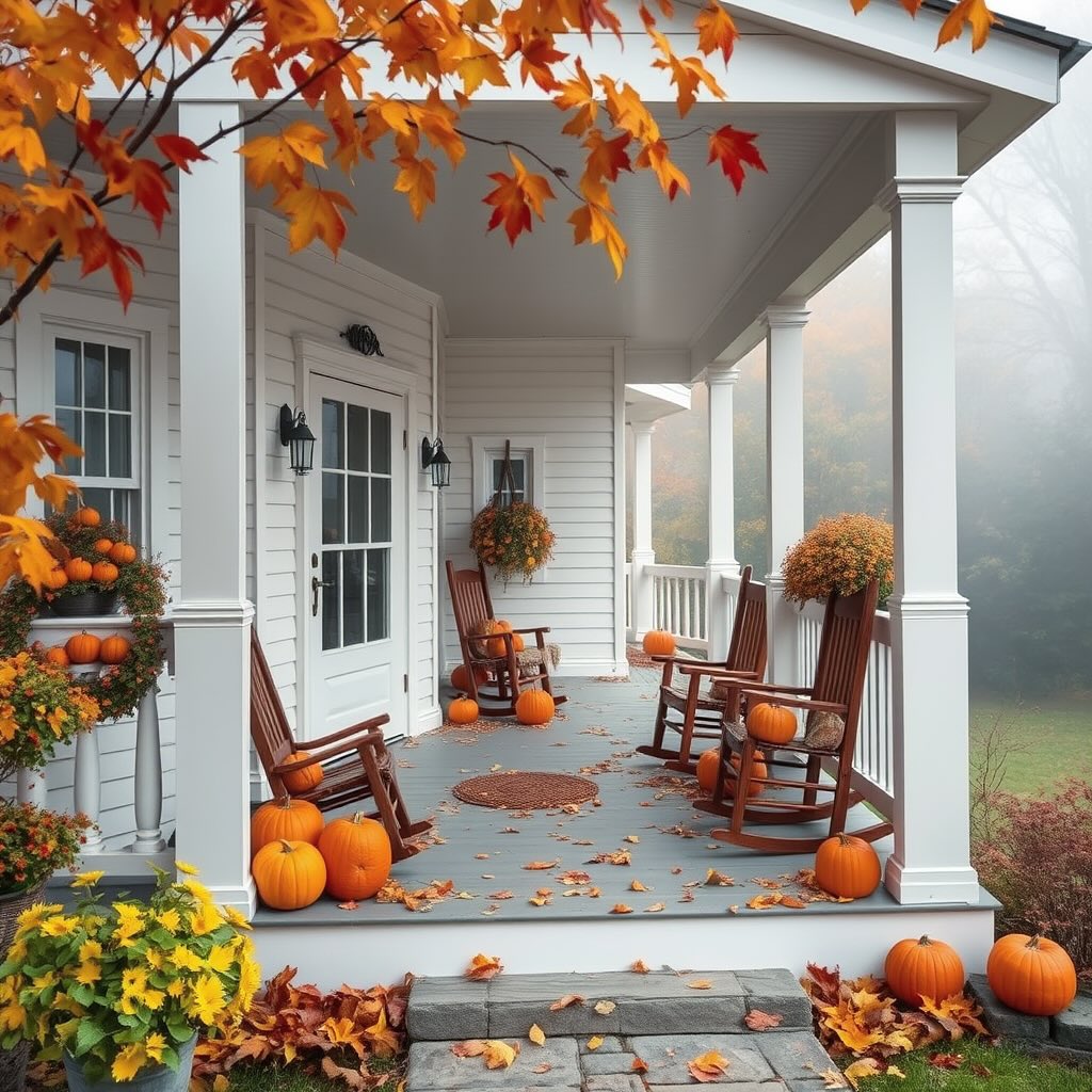 Porch with pumpkins, rocking chairs, fall leaves