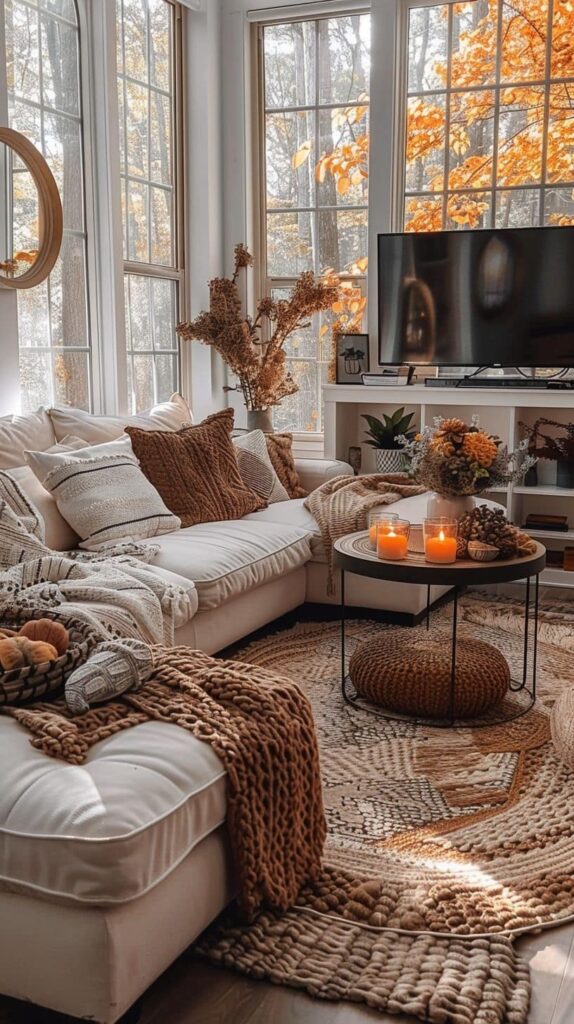 Cozy fall living room, autumn view