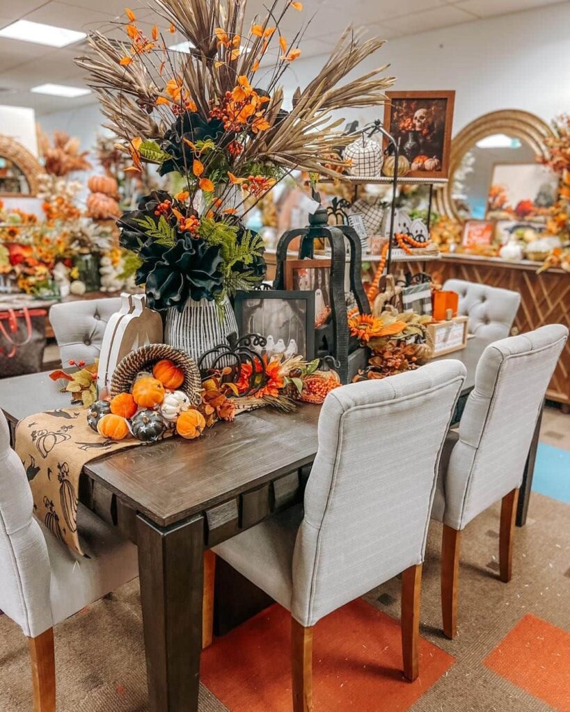 Lush fall lobby decor with pumpkins