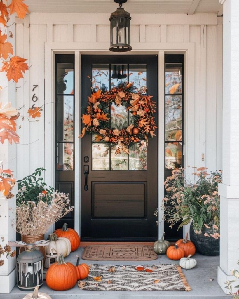 Fall porch with wreath, pumpkins, flowers