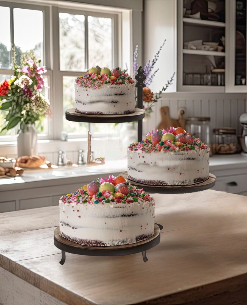 Fruit-topped cakes, autumn decor, bright kitchen