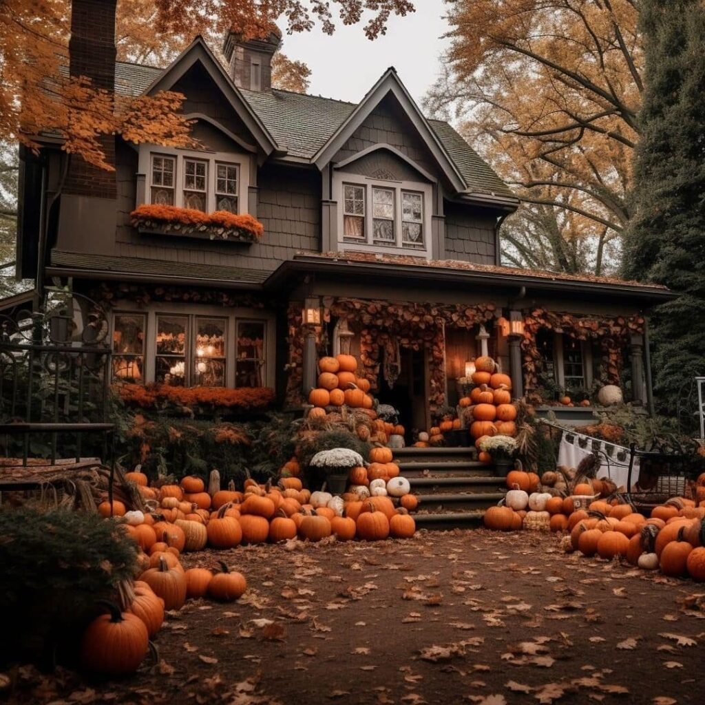 House decorated with numerous pumpkins and fall foliage