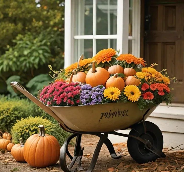 Wheelbarrow filled with pumpkins and flowers