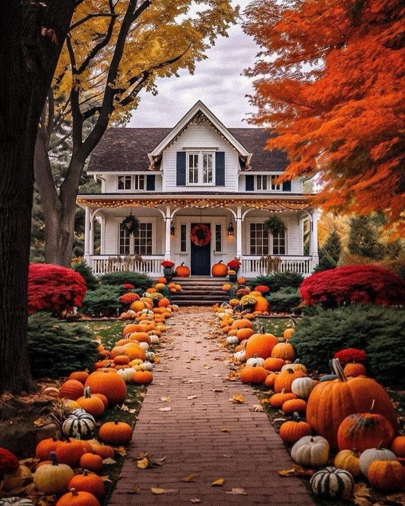 Farmhouse porch decorated with pumpkins, autumn leaves