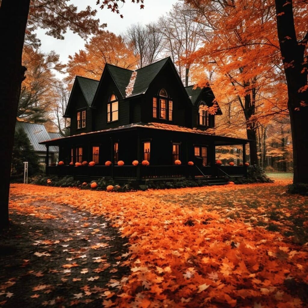 Black house surrounded by orange autumn trees