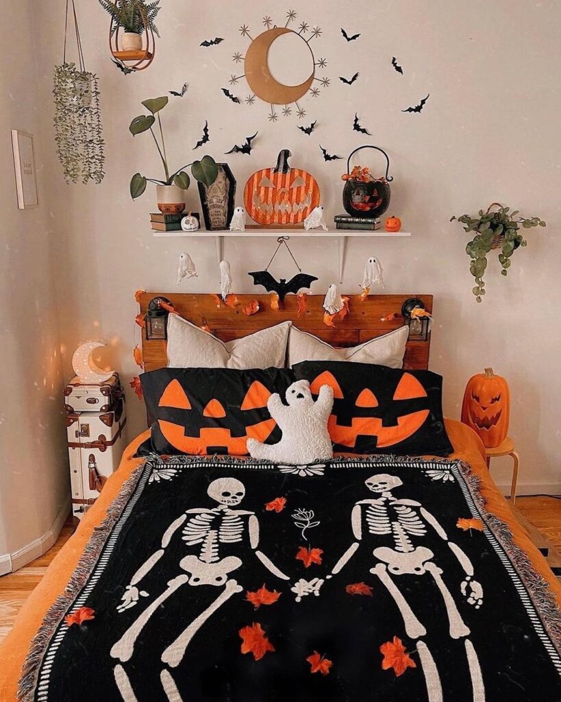 Halloween-themed bedroom with skeleton blanket