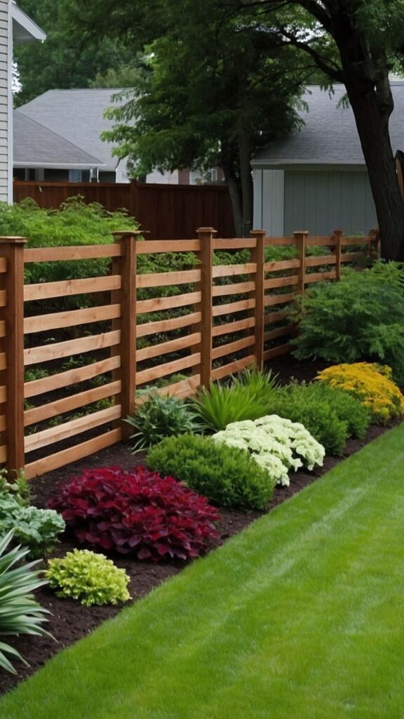 Wooden lattice fence with colorful garden border