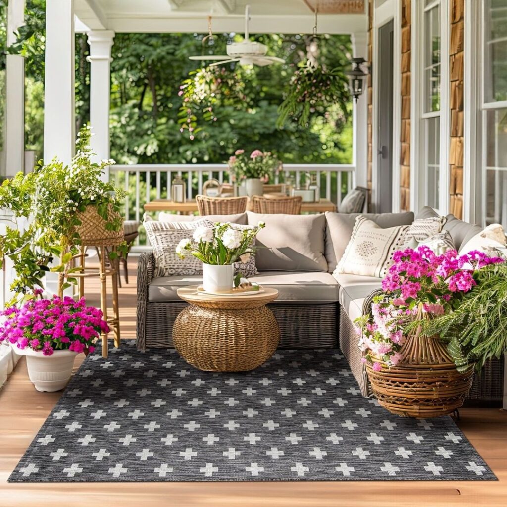 Cozy porch with sofa plants and flowers