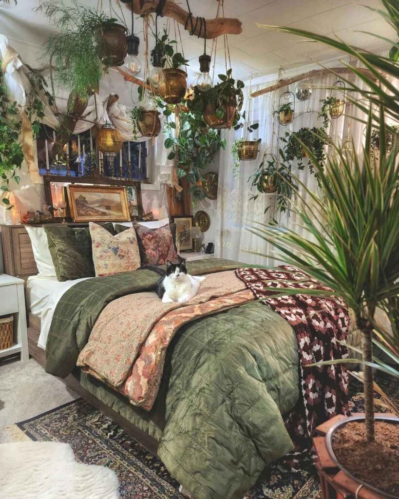 Green bohemian bedroom with hanging plants