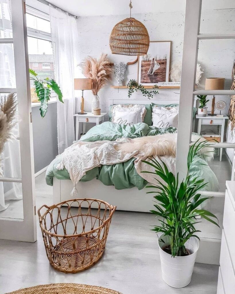 Boho green bedroom with plants, rattan