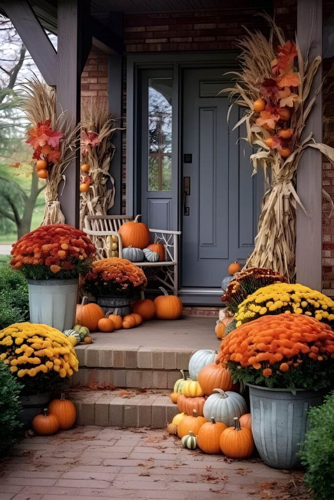 Fall porch, mums, pumpkins, corn stalks