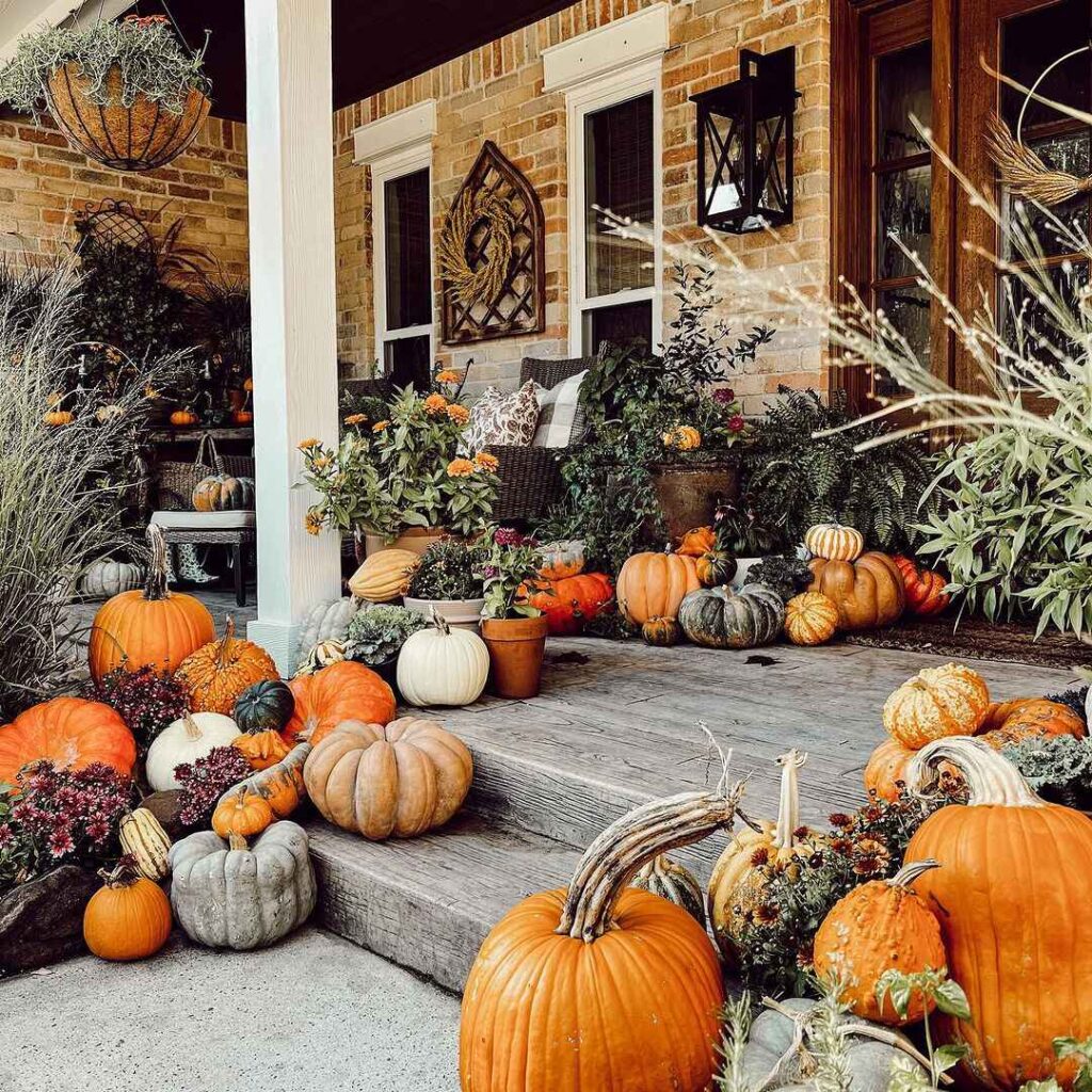 Pumpkin-filled porch, diverse gourds, autumn plants