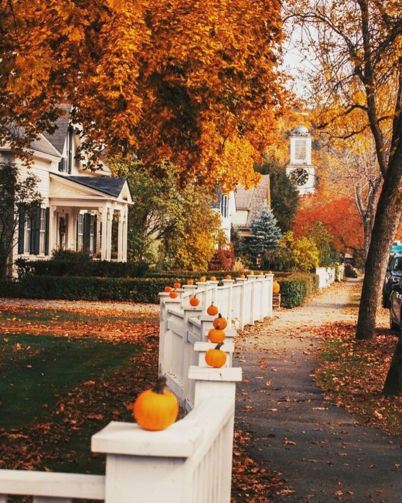 Autumn street pumpkins picket fence foliage