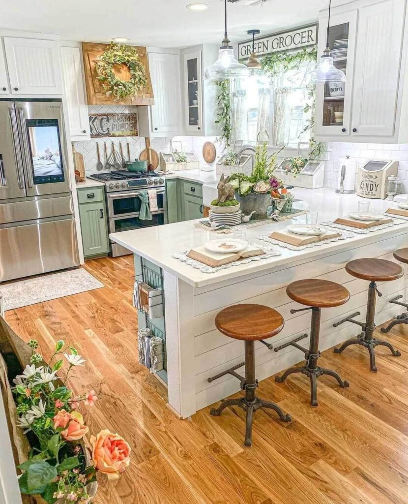 Farmhouse kitchen, white and green cabinets, spring decor