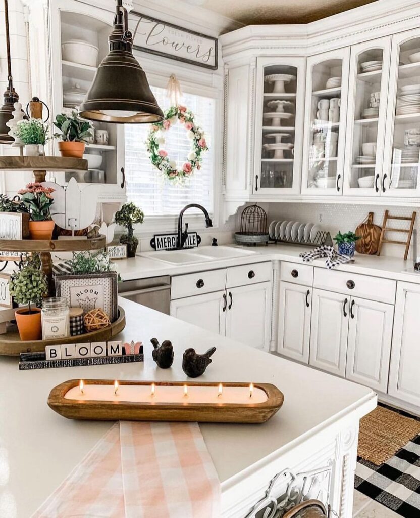 Farmhouse kitchen island with spring decor