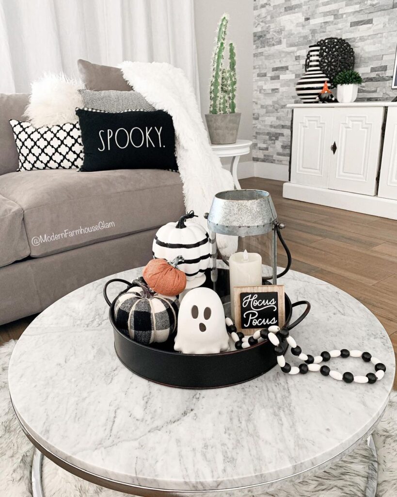 Stylish Halloween decor tray on marble table