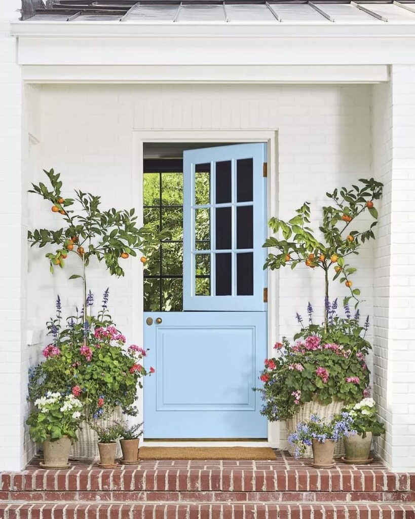 Blue door framed by citrus trees and flowers