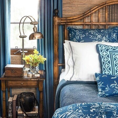 Bamboo bed, blue decor, coastal style