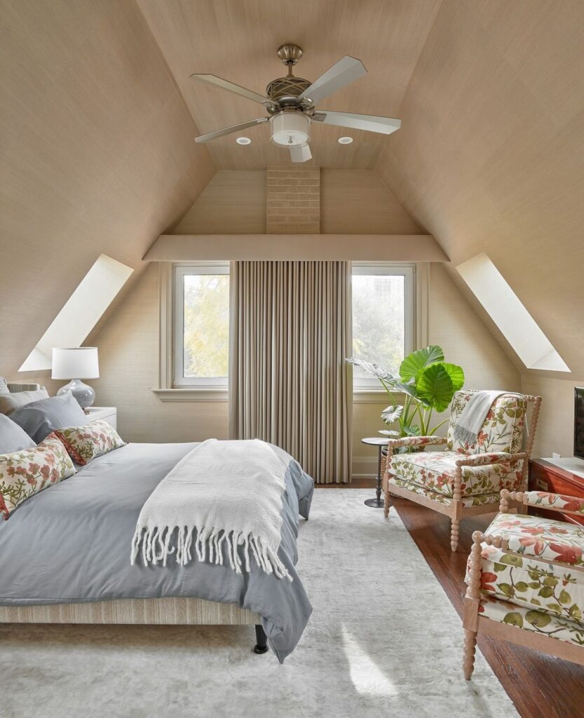 Attic bedroom, floral accents, sloped ceiling