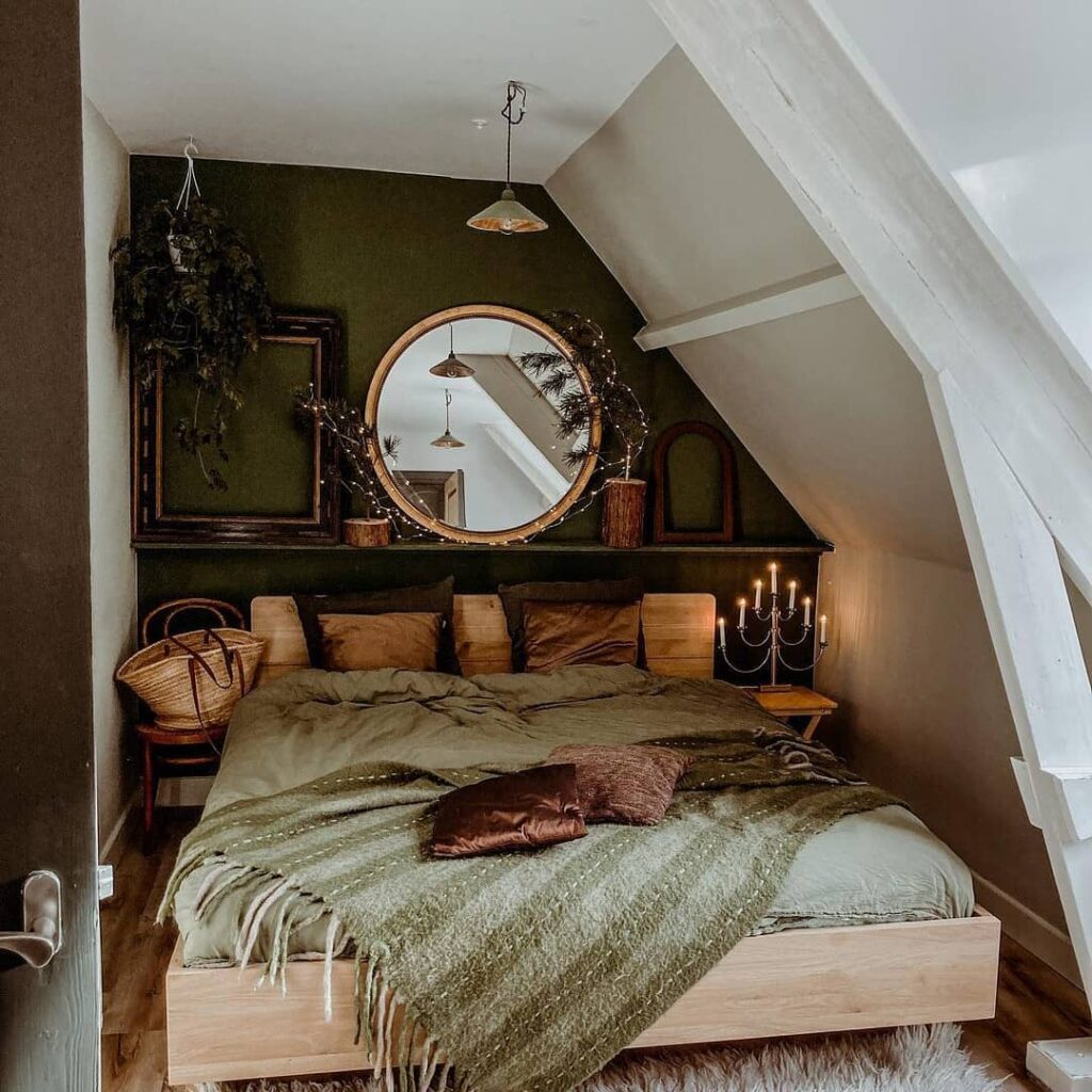 Rustic green attic bedroom with wooden accents