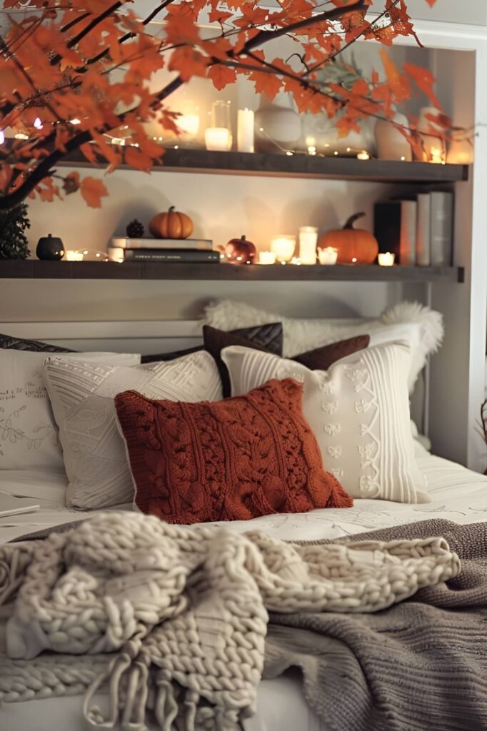  Autumn bedroom, cozy pillows, pumpkin decor