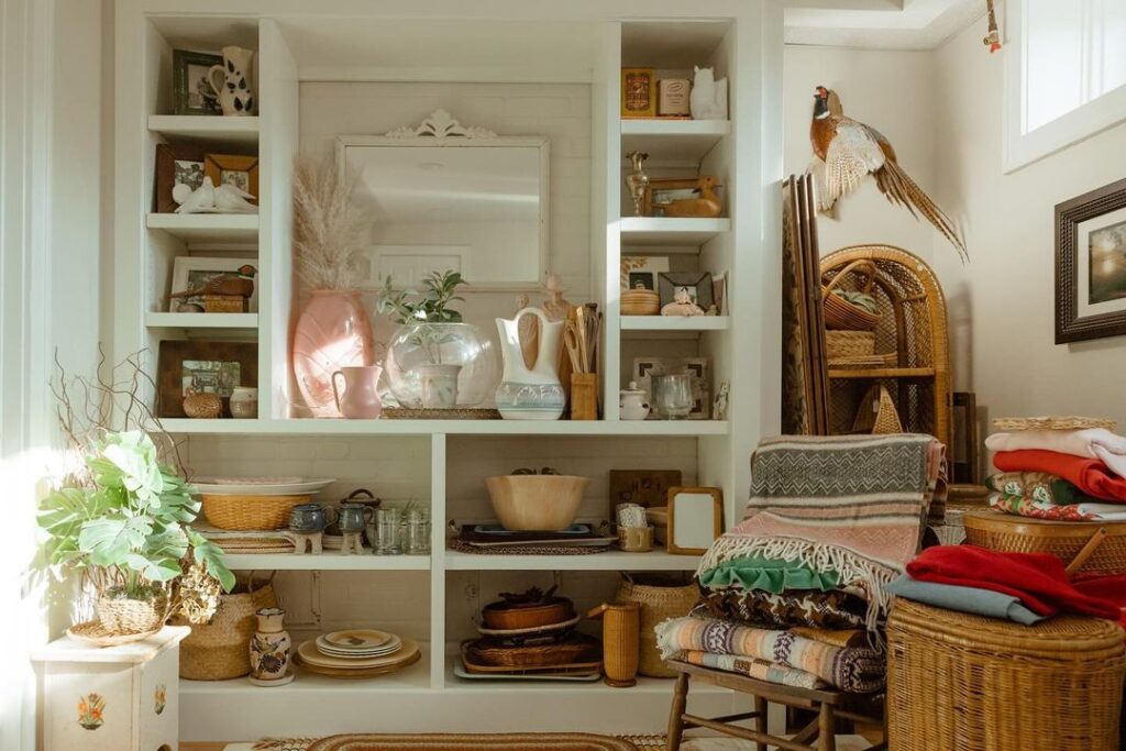 Cottage shelves with fall decor and blankets