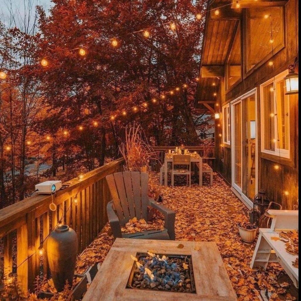 Autumn deck firepit lights fall foliage