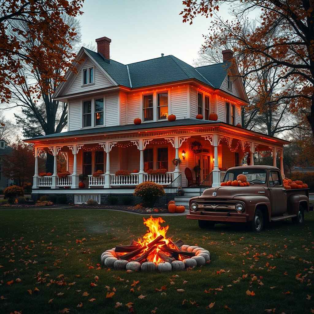 Farmhouse with pumpkins, bonfire, vintage truck