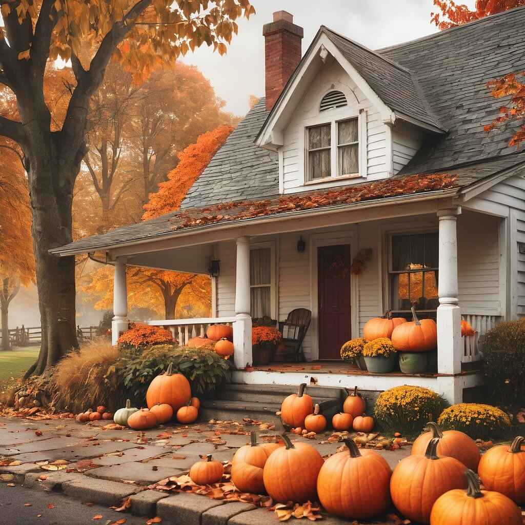 Farmhouse porch, pumpkins, fall leaves, mums