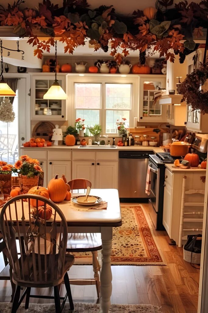 Neutral kitchen, fall decor, pumpkins, leaf garland