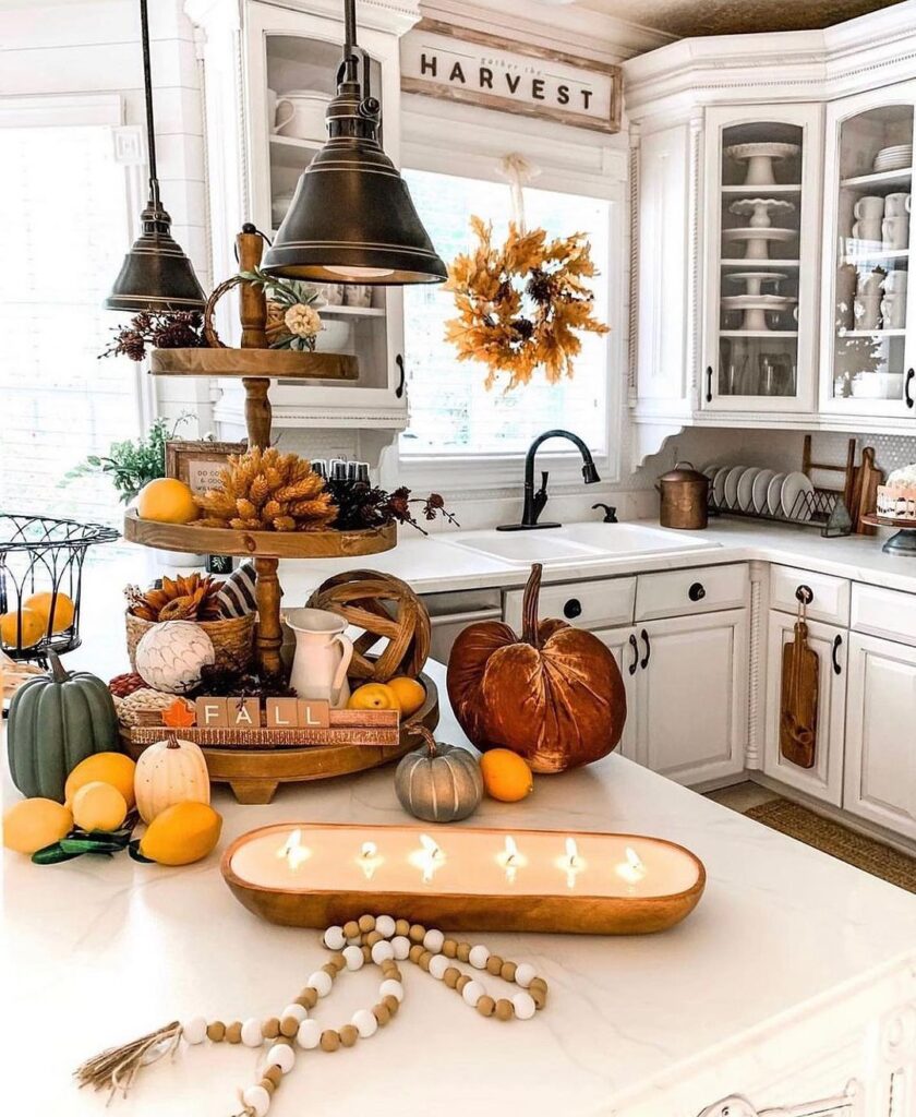 Farmhouse kitchen, fall decor, pumpkins, harvest