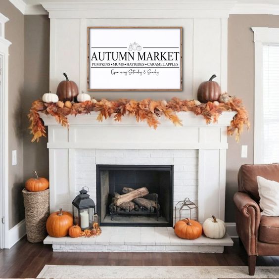 Fireplace, pumpkins, autumn sign, leaf garland