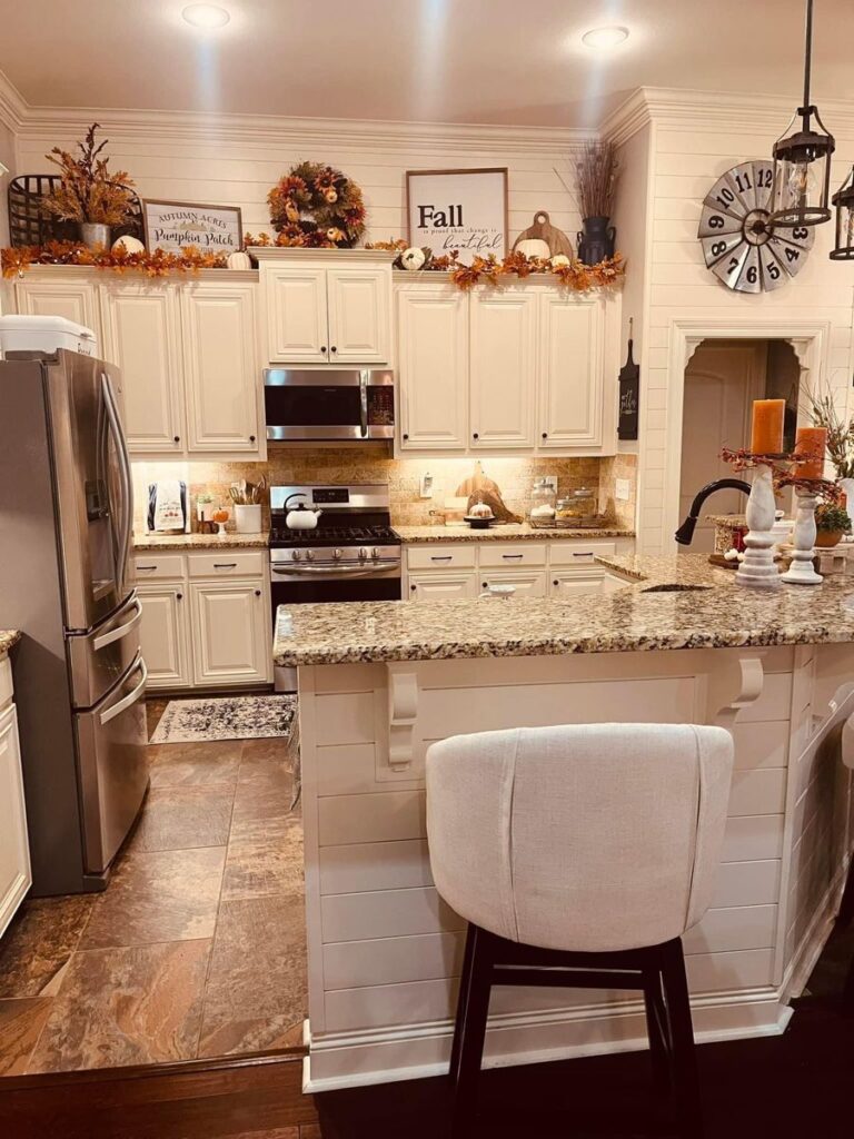 Farmhouse kitchen, fall decor, white cabinets