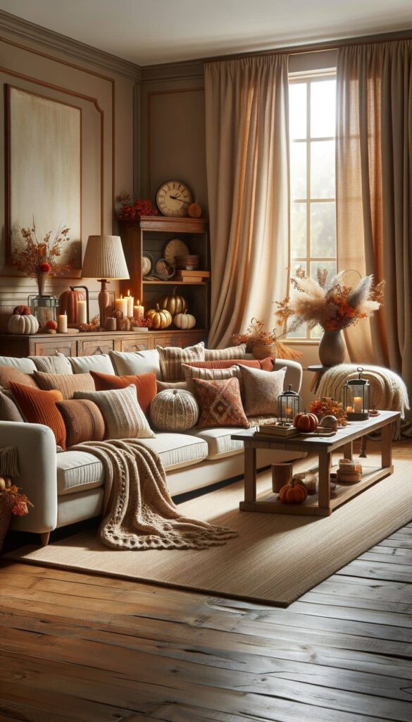 Fall-themed living room, pumpkins, warm colors