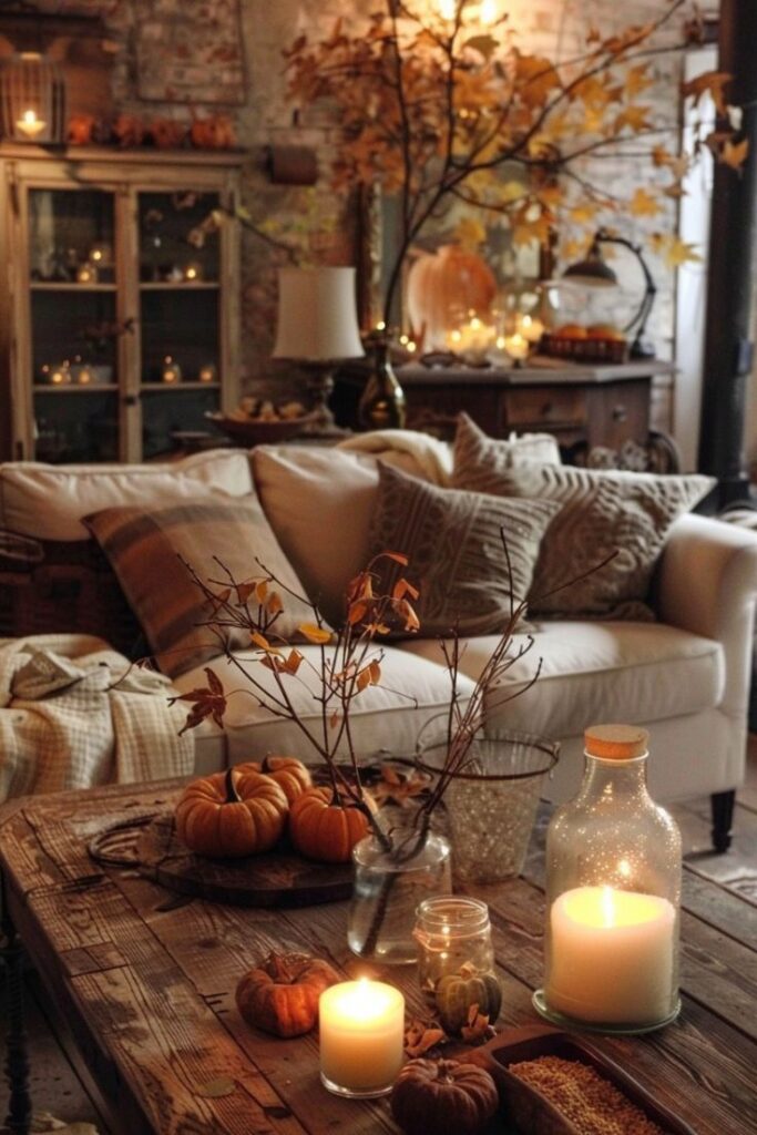 Autumn-decorated living room with pumpkins, candles