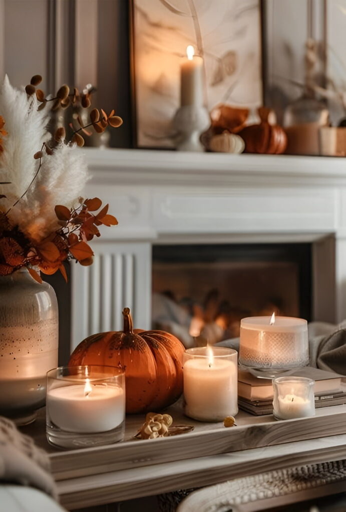 Candles, pumpkin, dried flowers, autumn mantel