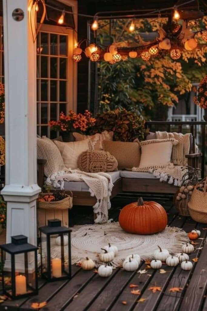 Porch with pumpkins, lights, cozy seating