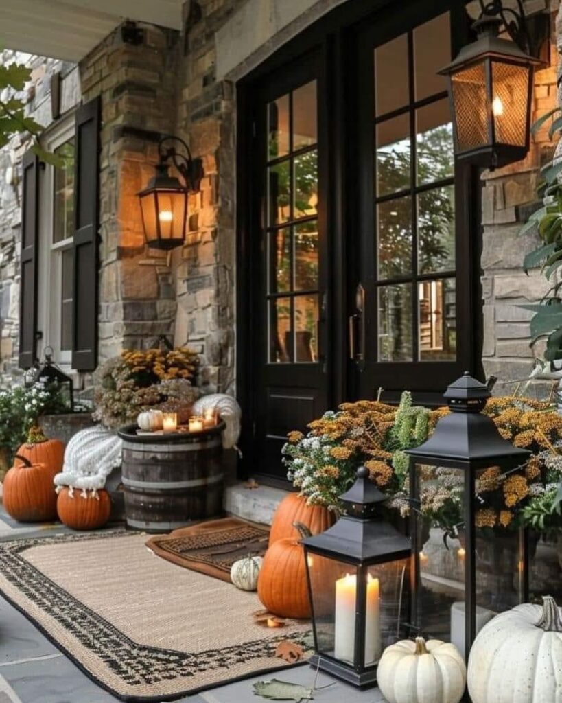 Rustic porch, pumpkins, lanterns, fall decor