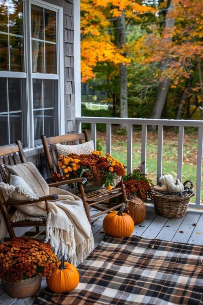 Fall porch, rocking chairs, pumpkins, foliage