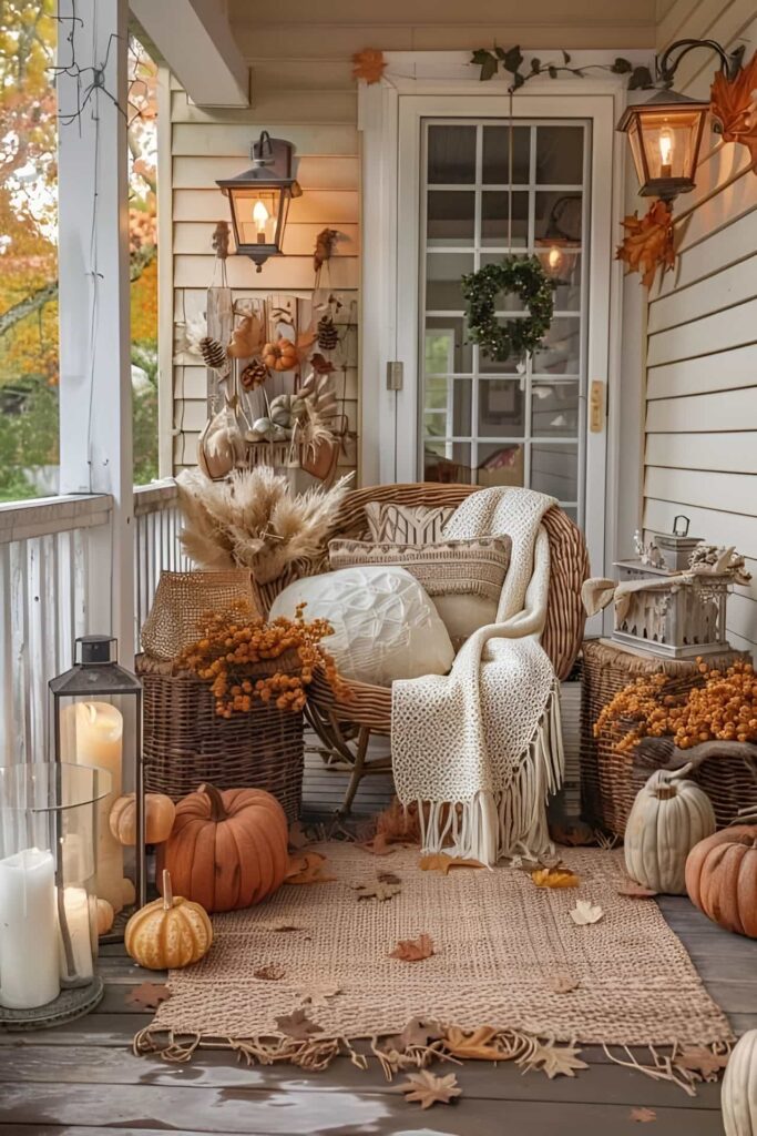 Cozy porch, wicker chair, pumpkins, autumn decor