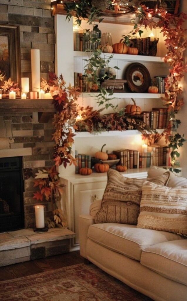 Bookshelves, fireplace, autumn decor, cozy sofa