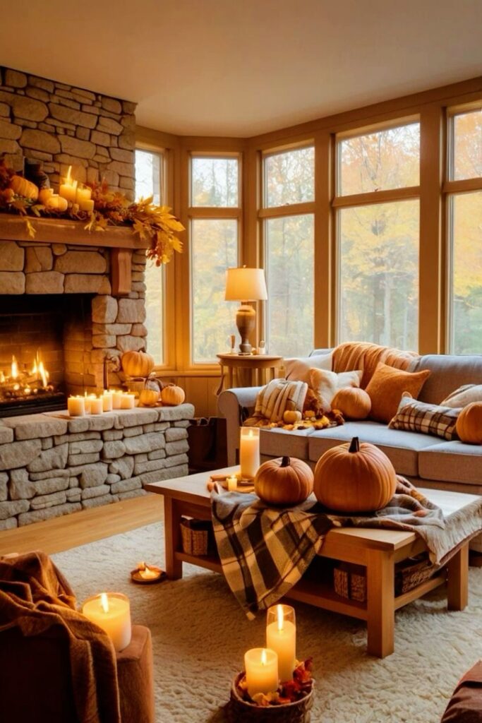 Cozy fall living room, pumpkins, candles