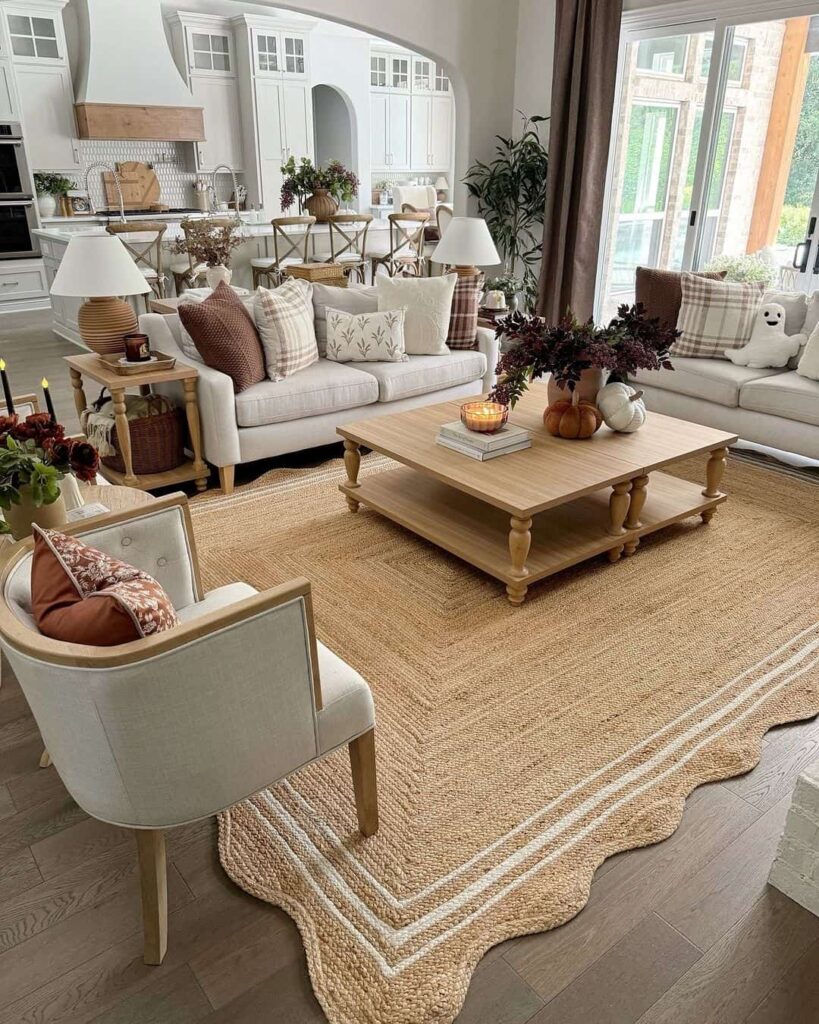 Autumn living room, white sofa, pumpkins