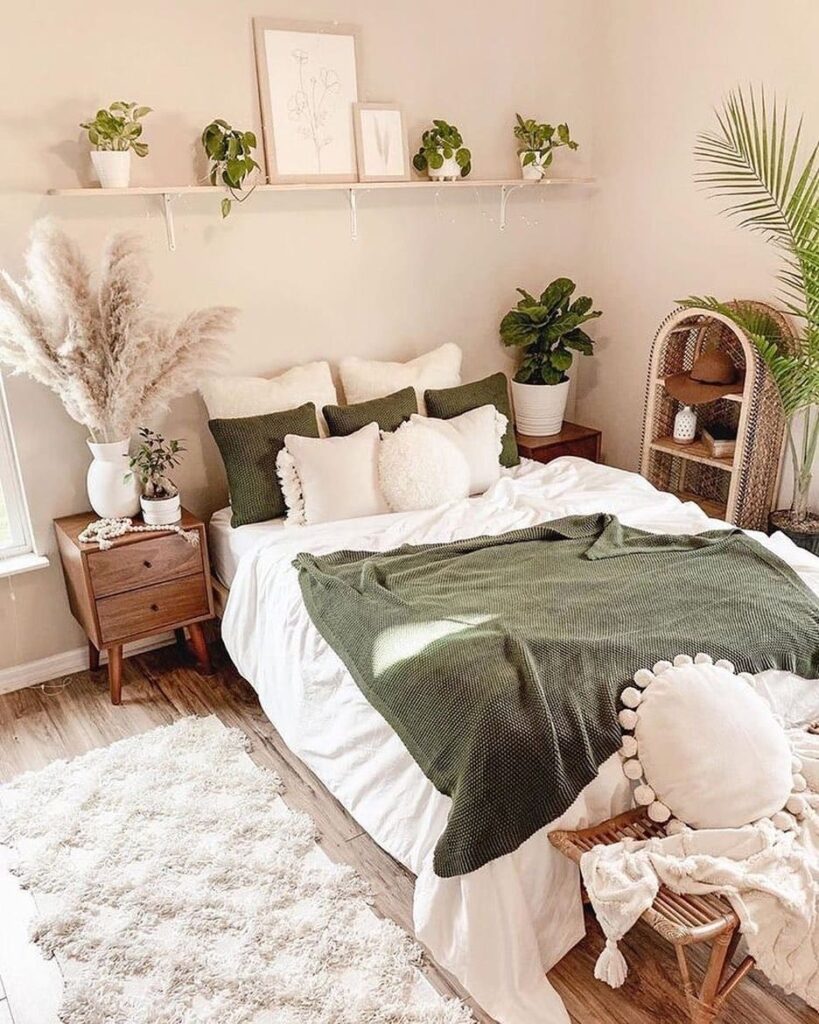 Bohemian bedroom, green accents, plants everywhere