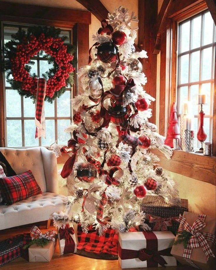 White Christmas tree with plaid decorations