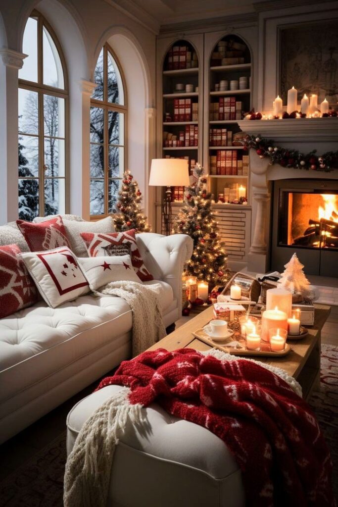 Fireplace, Christmas trees, snowy windows, cozy sofa